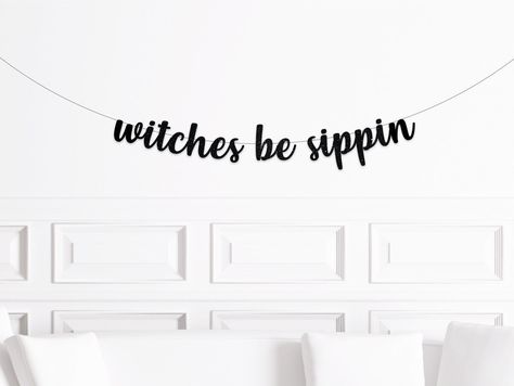 "This listing is for a DIY style banner that you string yourself with the instructions and cute neutral bakers twine provided.  Would you like to add a fund shape to the ends of your banner? You can check them out here: https://www.etsy.com/ca/shop/shoppaperandparties?section_id=26807540 Halloween Bachelorette Party Decorations, Witches Be Sippin Banner, Halloween Party Decor, Halloween Decorations Indoors This listing is for one paper, glitter script banner of the popular Halloween bachelorette party phrase: WITCHES BE SIPPIN Size: 5\" tall letters We provide the string to string your banner." Witches Night Out Party Ideas, Witch Themed Bachelorette Party, Salem Bachelorette Party, Halloween Bachelorette Party Ideas, Coven Bachelorette Party, Salem Bachelorette, Witch Bachelorette Party, Goth Bachelorette, Witchy Bachelorette Party