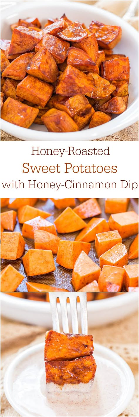 Honey-Roasted Sweet Potatoes with Honey-Cinnamon Dip - The honey glaze and the creamy cinnamon dip make these potatoes irresistible!! Easy, healthy side dish! Shepherd Pies, Cinnamon Dip, Jackie Deshannon, Dip Food, Food Fall, Sweet Potato Cinnamon, Honey Cinnamon, Fall Recipe, Honey Glaze