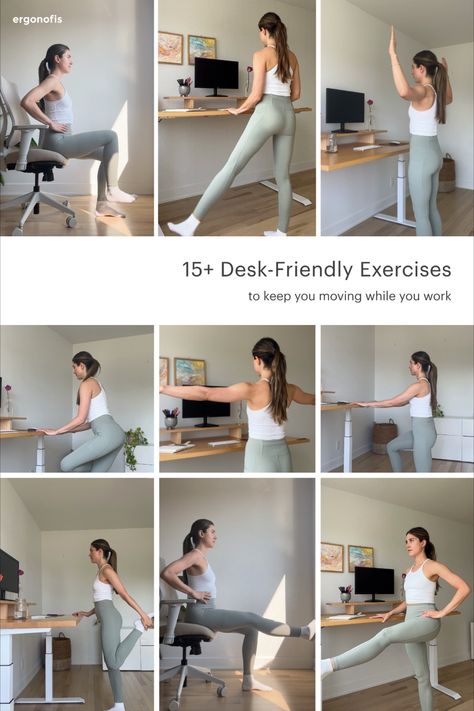 In her brightly lit home office, a woman executes multiple standing desk exercises stretch beside her desk. Desk Core Exercises, Exercise At Work Desks, Pilates At Your Desk, Stretches For Desk Jobs, Exercises For Desk Jobs, Exercises You Can Do At Your Desk, Exercises You Can Do At Work, Desk Job Stretches, Easy Office Workouts