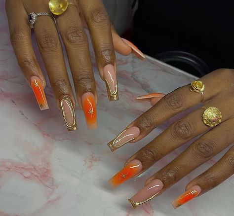 Orange And Gold Nails, Ginger Nails, Orange Aura Nails, Orange French Tip Nails, Nails Styles, Nail Room, Spa Wellness, Colored Acrylic, Colored Acrylic Nails