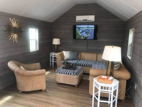 Small Shed Ideas Hangout, Shed House Interior Ideas, Shed Makeover Interior, 16x40 Shed House, Micro Cottage, She Shed Ideas Interior, Shed Homes Interior, She Shed Interior Ideas, Shed House Interior