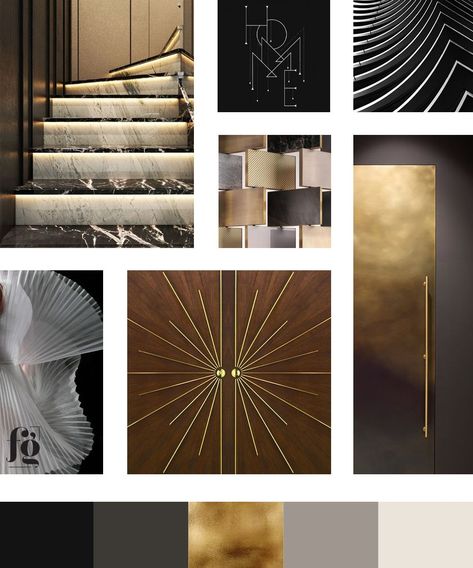 Moodboard and color palette for Marbe Designs. Luxurious, art deco, stylish, geometric. Luxury Color Palette Branding Gold, Art Deco Colour Palette, Art Deco Moodboard, Contemporary Art Deco Interior, Art Deco Branding, Art Deco Color Scheme, Art Deco Color Palette, Basic Logo Design, Art Deco Mood Board