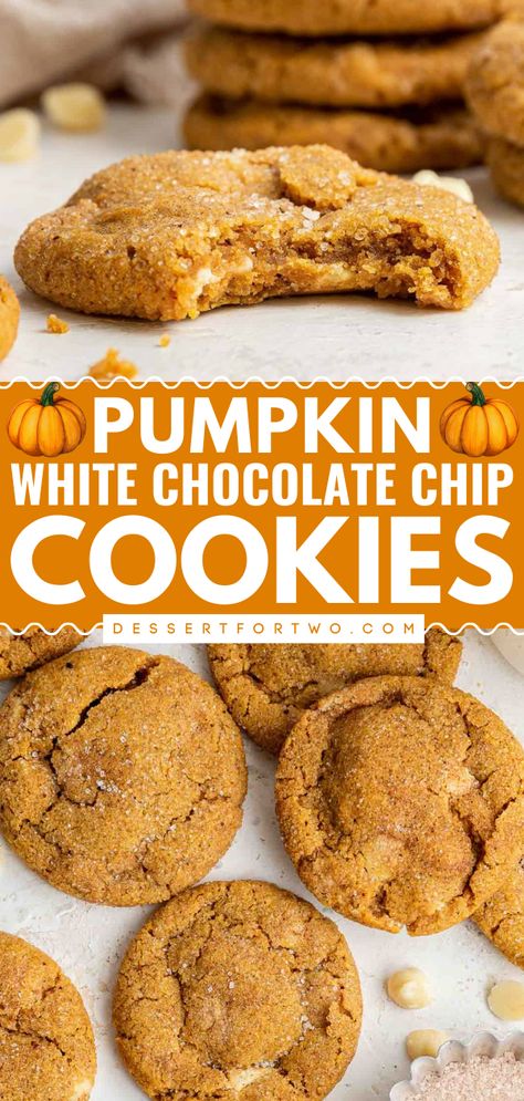 Want a simple dessert this season? Here's an easy fall recipe featuring soft and chewy pumpkin cookies! Along with a snickerdoodle taste, these are the BEST Pumpkin White Chocolate Chip Cookies! White Chip Recipes, Pumpkin With White Chocolate Chips, Pumpkin White Chip Cookies, Gluten Free Pumpkin White Chocolate Chip Cookies, Pumpkin Cookies With White Chips, Pumpkin Cookies With White Chocolate Chips, Pumpkin And White Chocolate Chip Cookies, Pumpkin Cookies With White Chocolate, White Chocolate Pumpkin Snickerdoodles