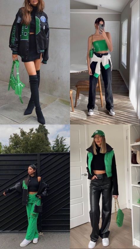 Green And Black Concert Outfits, Fall Streetwear 2023, Green Outfit Aesthetic Black Women, Green Concert Outfit Ideas, Colorful Concert Outfit Ideas, Koncerty Outfit, Green Outfit Concert, El Alfa Concert Outfit, Elegant Concert Outfit