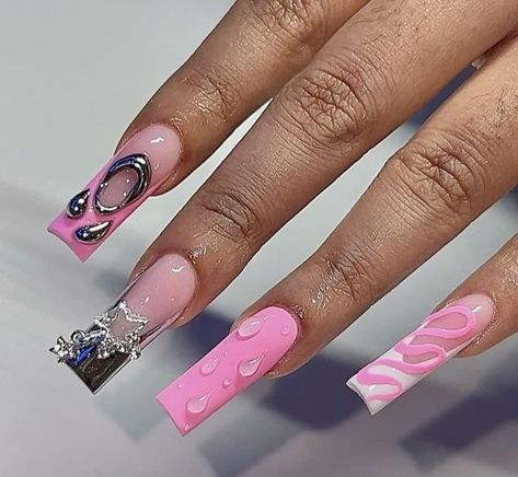 Pink Silver Nails, Silver And Pink Nails, May Calendar, 2024 Nails, Long Acrylic Nail Designs, Hard Nails, Drip Nails, Colored Acrylic Nails, Cute Acrylic Nail Designs