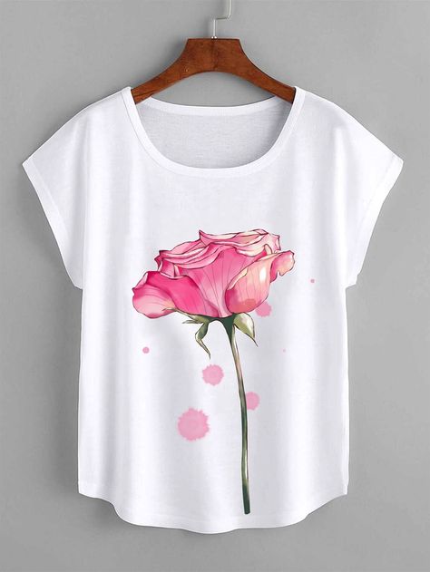 White Casual  Cap Sleeve Polyester Floral  Embellished Slight Stretch Summer Women Tops, Blouses & Tee Koti Gown, Tshirt Painting Ideas, Umgestaltete Shirts, Fabric Paint Shirt, Shirt Painting, T Shirt Design Ideas, Butterfly Tree, Tshirt Painting, Hand Painted Dress