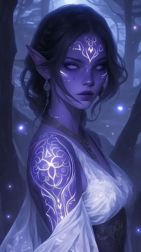 Werewolf Princess, Purple Skin Character, Moon Elf Female Dnd, Female Dnd Character, Female Elf Art, Dark Elf Woman, Female Ocs, Moon Elf, Hair Dye Ideas