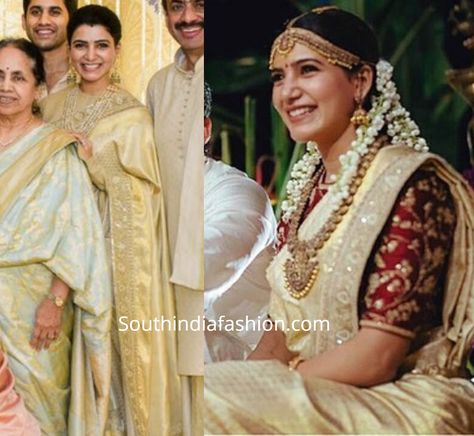 Samantha repeated her wedding saree at Ashritha’s wedding! Samantha Engagement Saree, Half White Wedding Saree, Gold Wedding Saree Bridal Sari, South Indian Wedding Saree White, Wedding Saree Ideas Indian Fashion, Cream Bridal Saree, Samantha Wedding Saree, Muhurtam Sarees South Indian, White Saree Wedding South Indian