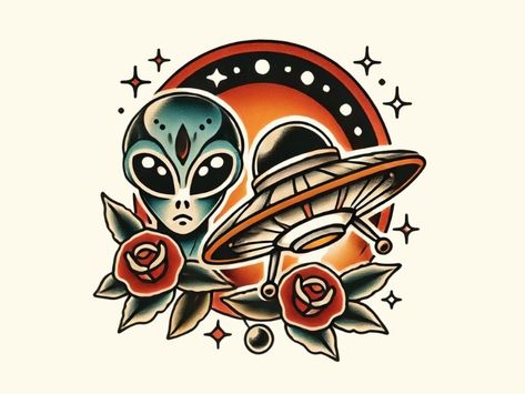 Traditional Alien Tattoo Ideas, Traditional Space Tattoo, Sims Tattoo, Literary Tattoos, Alien Face, Planet Tattoos, Alien Tattoo, Head Tattoos, American Traditional Tattoo