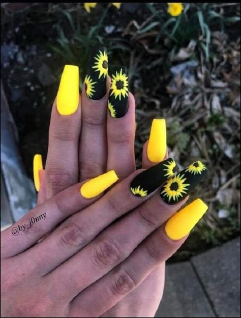 Acid yellow nails, Long nails, Manicure by summer dress, Original nails, Summer nails 2019, Two-color summer nails, Unusual nails, Vacation nails for summer Summer Nails Colors Designs, Neon Nail Designs, Yellow Nail Art, Black Coffin Nails, Sunflower Nails, Matte Nail, Cute Simple Nails, Pedicure Designs, Summer Acrylic Nails