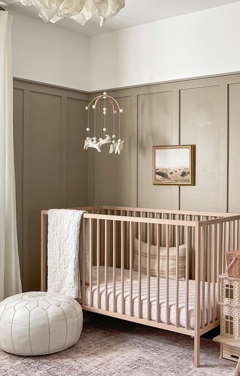 Nursery Paint Colors, Beige Nursery, Cozy Baby Room, Nursery Accent Wall, Ikea Nursery, Boy Nursery Themes, Nursery Trends, Minimalist Nursery, Baby Room Neutral