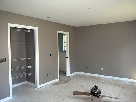 Behr Fashion Gray. Seriously in love with this color. Just finished painting it in the dining room. ~Leah Behr Fashion Gray, Gray Study, Gray Bathrooms, New Room Decor, Closet Idea, Color Bathroom, Color Bedroom, Stripe Wall, Blue Bed