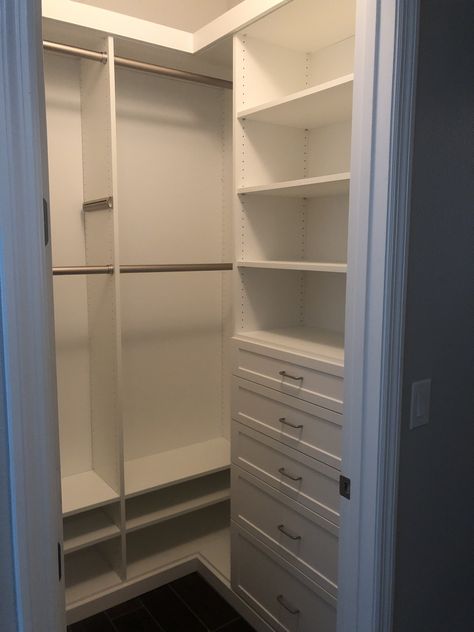 His walk in closet with upgrades. Four adjustable short hanging sections, shoe storage, folded clothes shelving and drawers. This closet is upgraded with crown and base molding, shaker panel drawer fronts, round hanging rods and a valet rod. Master Walk In Closet, Valet Rod, Base Molding, Closet Shelving, Folded Clothes, Kids Closet, Closet Renovation, Base Moulding, Walk In Closets