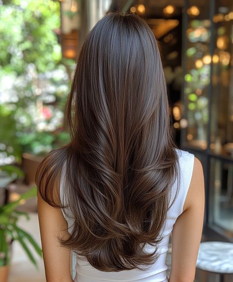 Trendy Toffee Brown Babylights on Long Brunette Hair for a Dark Fall Look Brunette Hair Natural, Babylights On Dark Hair, Brown Babylights, Trending Dark Hair, Brunette Babylights, Babylights Brunette, Deep Plum Hair, Dark Hair Colors, Dark Caramel Hair