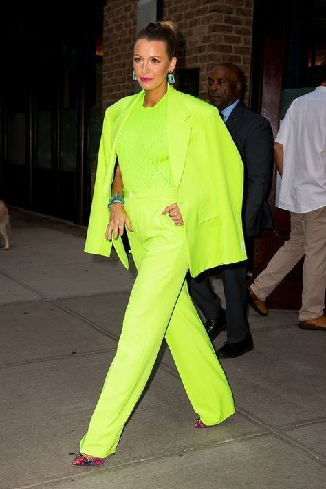 Neon Green Is Trending, and Here's How to Wear It Without Looking Like a Highlighter Blake Lively Suit, Versace Suit, Neon Green Top, Blake Lively Style, Neon Outfits, Leopard Print Leggings, Shoes Ideas, Wearing All Black, Neon Fashion