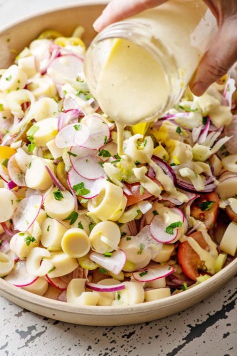 Salads With Hearts Of Palm, Hearts Of Palm Salad, Heart Of Palm, Satisfying Salads, Vegetarian Salad Recipes, Hearts Of Palm, One Pot Dinners, Salad Dressings, Radishes