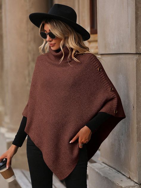 Rose Red Casual Collar Three Quarter Length Sleeve Fabric Colorblock Poncho Embellished Medium Stretch  Women Clothing Brown Poncho Outfit, Poncho Outfits For Women, Working Mom Outfits, Poncho Outfit, Batwing Sleeve Sweater, Women Sweaters, Poncho Sweater, Knitted Poncho, Autumn Outfit