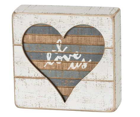 A slat wood box sign featuring a sentiment inside a cut-out heart design with striped coloration accents STURDY CONSTRUCTION: Measures 5 x 5 x 1.75-inches; designed to freely stand on its own or hang on a wall SENTIMENT READS: I Love Us RUSTIC DISTRESSED STYLE: Slat wood style sign with rounded edges and corners for a distressed look I Love Us, Golden Puppy, Valentines Day Greetings, Primitives By Kathy, Valentine's Day Greeting Cards, Heart Pillow, Love Us, Custom Metal Signs, Box Signs