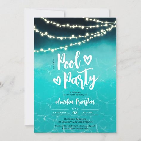 Evening String lights blue pool party Sweet 16 Invitation | Zazzle Pool Party Blue Theme, Pool Party Sweet 16, Blue Pool Party, Blue String Lights, Blue Pool, Sweet 16 Invitations, Pool Party, Sweet 16, String Lights