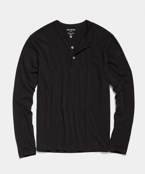 Made in L.A. Long Sleeve Premium Jersey Henley in Black - Todd Snyder Mens Minimalist Wardrobe, Black Henley, Winter Getaways, Tuxedo Shirt Dress, Henley Shirt Men, Linen Suits, Henley Tee, Tuxedo Dress, Channel Islands