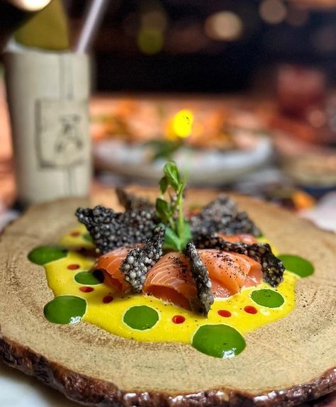 Courtney Brandt on Instagram: "A salmon dish from our recent visit to @clay_dubai • Yes, those are tapioca squid ink crackers. AED80." Boat Ideas, Salmon Dishes, Weird Food, Company Meals, Cooking Skills, Fine Dining, Crackers, Food Blogger, Instagram A