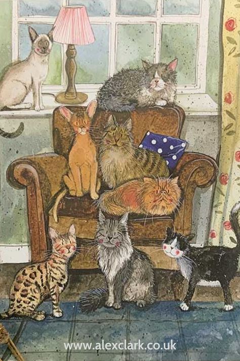 Close up image of a Cat House Art Print from Alex Clark Art. The whimsical illustration has seven types of cat on and around a brown armchair. Cat Presents, Clark Art, Cat Cushion, House Art, Cat Cards, Clear Bag, Cat Birthday, House Kitchen, Cotton Tea Towels