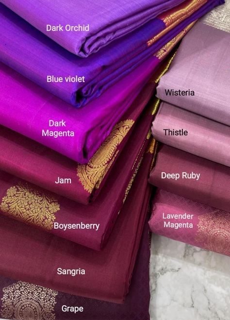 Kanjivaram Pure Silk Sarees new colors Indian Traditional Color Palette, Deepavali 2024, Marriage Lehenga, Colour Shade Card, Color Names Chart, Saree Color Combinations, Sarees Bridal, Color Knowledge, Saree Ideas