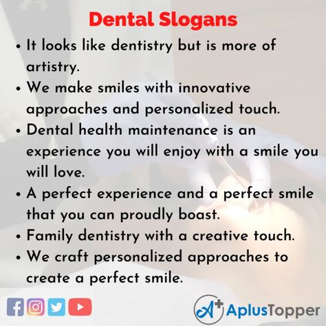 #APlusTopper #DentalSlogans #UniqueAndCatchyDentalSlogans Dental Motivational Quotes, Dental Hygienist Quotes, Dental Motivation, Dental Slogans, Dentist Content, Dentist Girl, Dentist Surgery, Dentistry Quotes, Dental Content