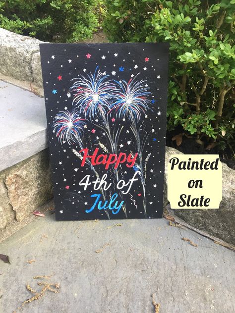 "⭐ Be sure to read complete description to make sure you're ordering something you'll enjoy ⭐ Greet friends and family to your home with this Fourth of July Welcome Sign. ✽ Each welcome plaque has been hand painted on a SLATE FLOOR TILE and weighs approximately 4 pounds. ✽ The strength and durability of the material means sign can be displayed INDOORS or OUTDOORS.  ✽ Acrylic paint used is weather resistant. In addition, each sign is finished with a weather-resistant varnish. ✽ Hanging sign measu Diy Fourth Of July Crafts, Patriotic Welcome Sign, Holiday Paintings, Slate Painting, Slate Floor, Slate Tiles, Fireworks Art, Summertime Crafts, Slate Art