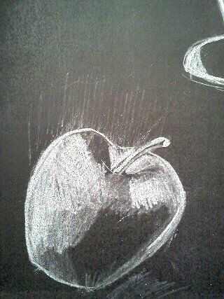 my apple sketch white colored pencil on black paper Black And White Still Life Drawing, White Pencil Drawing On Black Paper, Colored Pencil On Black Paper, White Colored Pencil, Pencil On Black Paper, Apple Sketch, Thread Sketching, Craft Drawing, Drawing Apple