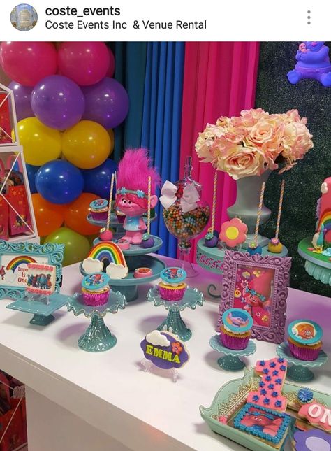 Trolls Treat Table Ideas, Treat Table Ideas, Birthday Party Dessert Table, Treat Table, Trolls Birthday Party, Birthday Party Desserts, Party Dessert Table, Troll Party, Moana Birthday