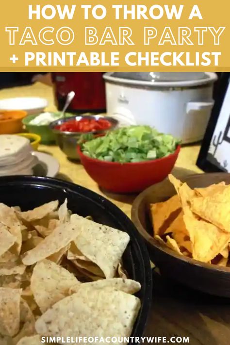 Throwing a taco bar party just might make your house the coolest one in town, everyone loves tacos, and everyone loves parties. So, grab the taco bar party checklist printable in this post and start planning your awesome shindig! | checklist for taco bar | taco bar party buffet checklist | taco bar party checklist | taco bar buffet checklist | taco bar buffet checklist | taco bar checklist printable | how to throw a taco party | how to throw a taco bar party Nacho Bar Checklist, Taco Bar Party Buffet, Taco Bar Party Ideas, Taco Bar Buffet Set Up, Bar Checklist, Taco Bar Ideas, Bar Party Ideas, Taco Bar Buffet, Bar Taco