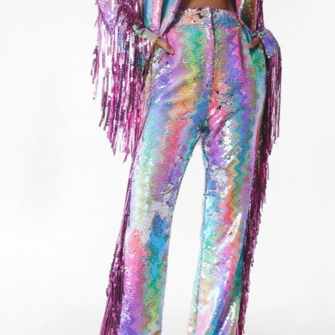 Such Fun Pants For The Right Event Or Costume. Nwt. Smoke-Free Home. *I Wore These Pants In A Size 8 For Halloween This Year For Reference* Sequence Outfits, Sequin Flare Pants, Rainbow Pants, Ripped Leggings, Brown Flares, Harry Styles Outfit, High Waisted Flare Pants, Printed Flare Pants, Pink Seersucker