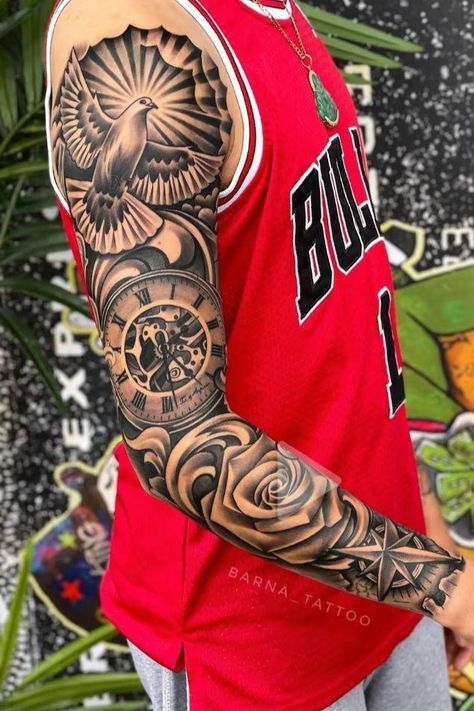 Mens Inner Arm Tattoo Ideas, Family Sleeve Tattoo, Voll Arm-tattoos, Star Tattoos For Men, Collage Tattoo, Ant Tattoo, Around Arm Tattoo, Chicano Tattoos Sleeve, Cool Half Sleeve Tattoos