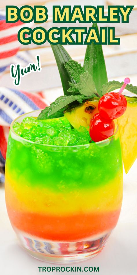 Bob Marley Drink summer cocktail. Bob Marley Drink Recipe, Bob Marley Drink, Fruity Summer Cocktails, Shots Alcohol Recipes, Tropical Drink Recipes, Rum Drinks Recipes, Fruity Alcohol Drinks, Alcoholic Punch Recipes, Alcholic Drinks