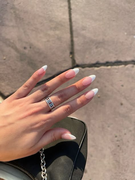 Almond Shaped French Tip Nails White, French Almond Nails White, French Almond Shape Nails, White French Nails Almond Shape, White Nail Inspo Acrylic Almond, Almond Shape White Tip Nails, Nails Acrylic White Almond, Acrylic Nails Ideas Almond Shape, French Tip Almond Nails White