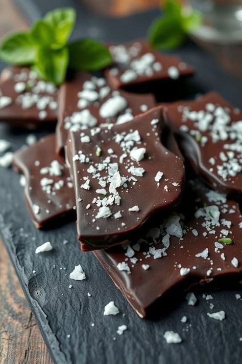 Dark chocolate bark topped with sea salt flakes on a slate platter. Chocolate Peppermint Bark Recipe, Snack Low Calorie, Ghirardelli Peppermint Bark, Homemade Peppermint Bark, Salt Making, Low Calorie Recipe, Fudge Caramel, Peppermint Dessert, Peppermint Bark Recipes