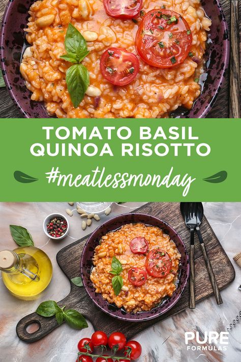 Quinoa And Tomato Sauce, Quinoa Risotto Recipes, Tomato Basil Quinoa, Plant Based Tomato Recipes, Quinoa Rissoto, Legume Dishes, Basil Quinoa, Quinoa Tomato, Hearty Winter Recipes