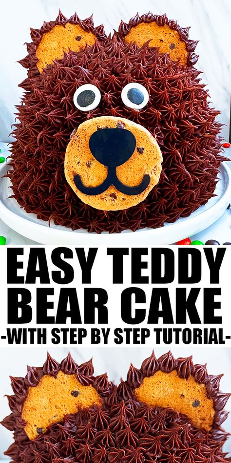 TEDDY BEAR CAKE- This easy homemade recipe and tutorial requires simple ingredients. This kids happy birthday cake is decorated with chocolate buttercream icing. Party and dessert table details also included. From CakeWhiz. Teddy Bear Cupcakes Ideas, Bear Birthday Cake, Decorated Chocolate Cake, Chocolate Buttercream Icing, Food Shapes, Teddy Bear Cakes, Toy Story Cakes, Poke Cakes, Slow Cooker Desserts