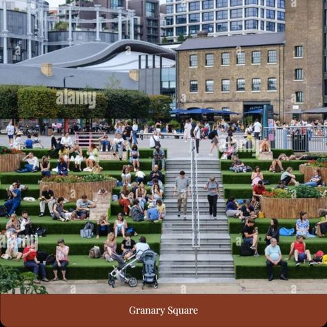 People relax on wide green steps next to Regent's Canal at Granary Square, King's Cross, London Coal Drops Yard & Gasholder Apartments in background. #JudiSaunders Regents Canal, Street Scenes, Street Photography, Dolores Park, Stock Images, Resolution, Yard, Stock Photos, London