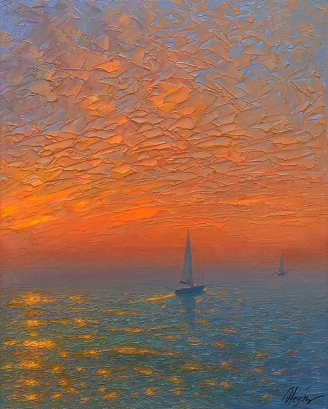 Dmitry Oleyn, Painting Ship, Sunset Sailboat, Sea Paintings, Water Paintings, Sea Sunrise, Beach Paintings, Paintings Oil, Sailboat Painting