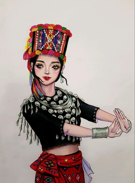 Myanmar Girl Art, Kachin Traditional Dress, Myanmar Country, Cute Turtle Cartoon, Myanmar Art, Haha Photos, A Level Art Sketchbook, Trippy Designs, Southeast Asian Arts