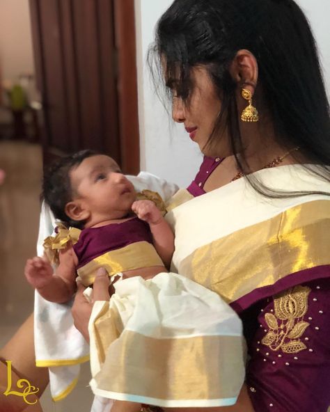 Newborn Traditional Dress, Naming Ceremony Outfit Mother, Noolukettu Ceremony Kerala, Naming Ceremony Dress For Mother, Kerala Style Skirt And Top, Mother's Pic, Traditional Baby Dresses, Cradle Ceremony, Girls Party Wear