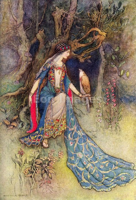 Canacee and the Falcon. [Depiction of scene from Chaucer's The Canterbury Tales: The Squire's Tale.] Artist: Warwick Goble. Image published: 1912. Warwick Goble, Edmund Dulac, The Falcon, Fairytale Illustration, Pretty Princess, Fairytale Art, Art And Illustration, Fairy Art, Children's Book Illustration