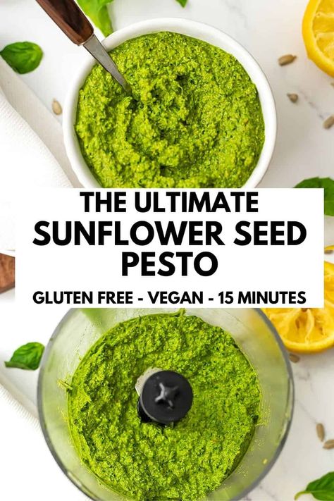 Sunflower Butter Recipes, Sunflower Seed Pesto, Sunflower Seed Recipes, Butter Sauce For Pasta, Vegan Pesto Recipe, Nut Free Pesto, Basil Pesto Recipe, Gluten Free Pesto, Dairy Free Sauces