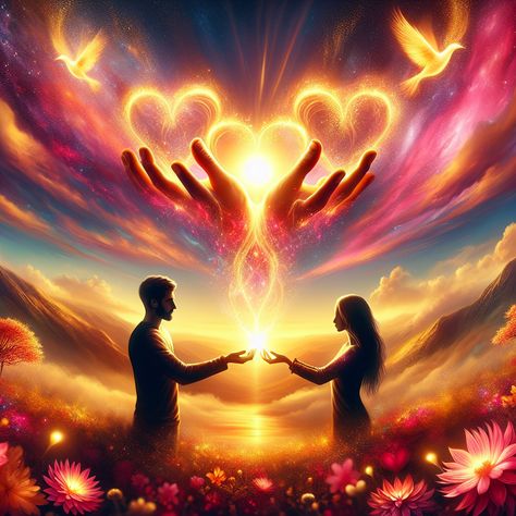 Bask in the warm glow of love with this AI-generated image of two human figures amidst a radiant sunset. Hand-in-hand, love hearts rise, symbolizing blossoming love among nature's splendor. Love is here, link in profile. 
#RomanticArt #AIgeneratedArt #SunsetLove #NatureLove #ArtLovers #ManifestLove Soulmate Images, Romantic Symbols, Soul Images, Art Amour, Human Figures, Sunset Silhouette, Military Love, Slow Dance, Man Wallpaper