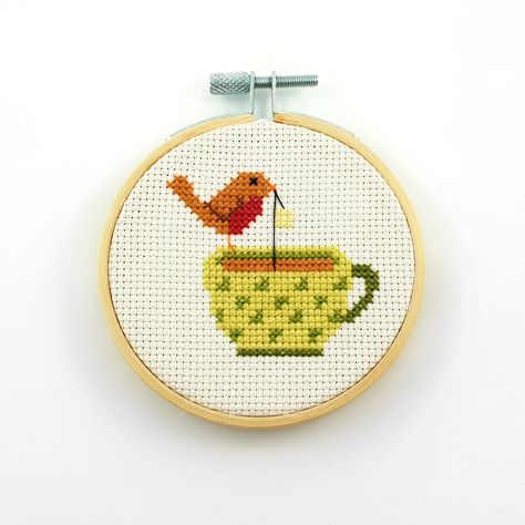 Tea Cup Cross Stitch, Robin Cross Stitch, Tea Cross Stitch, Bird Cross Stitch, Witch Cross Stitch, Stitch Cards, Christian Cross Stitch, Nursery Cross Stitch, Stitch Witchery