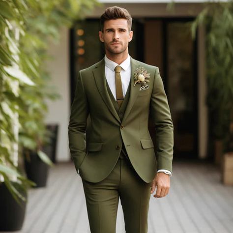 Mens Olive Green Suit Double Breasted Three Piece Suit Tux – sweetearing Army Green Tuxedo Wedding, Olive Green Groom Attire, Moss Green Suit Men, Green And Purple Groomsmen, Woods Wedding Groom Attire, Olive Green Country Wedding, Olive Green Suits For Men Wedding, Wedding Party Attire Green, Olive Color Palette Wedding