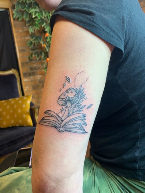 Book With Mushrooms Tattoo, Mushroom Book Tattoo, Book And Mushroom Tattoo, Book Mushroom Tattoo, Book Plant Tattoo, Mushroom Tattoo Ideas, Deer Antler Tattoo, Enchanted Forest Book, Book Lover Tattoo