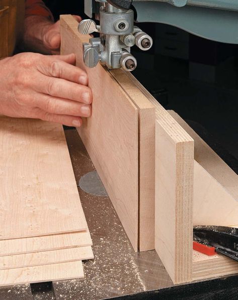 Techniques For Resawing On The Band Saw: Setting The Fence To Compensate For Blade Drift: With the right blade and the right setup, you can cut stock to any thickness, and even create your own veneers. Band Saw Jigs, Band Saw Projects, Band Saw Accessories, Woodworking Software, Band Saw Blade, Woodworking Vise, Tool Tips, Ship Building, Rustic Woodworking